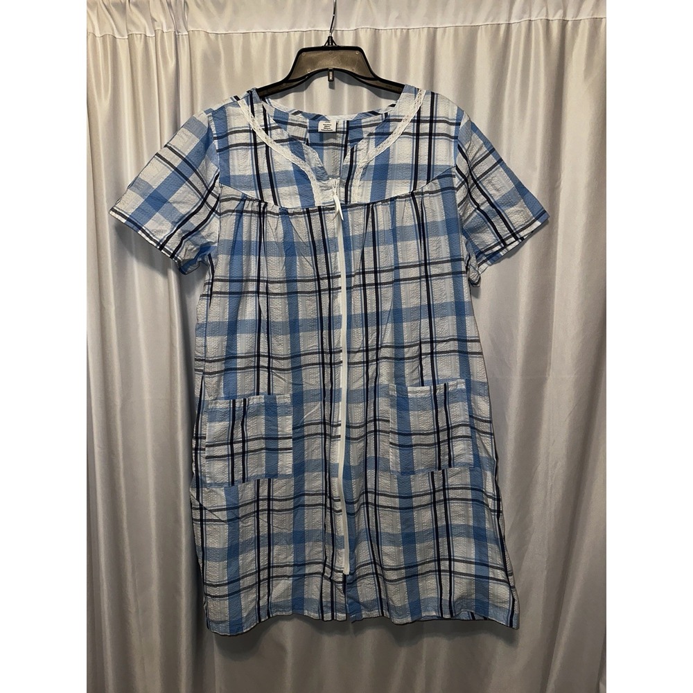 Croft And Barrow Size XXL Mumu  House Coat Robe Full Zip Seersucker Blue Plaid